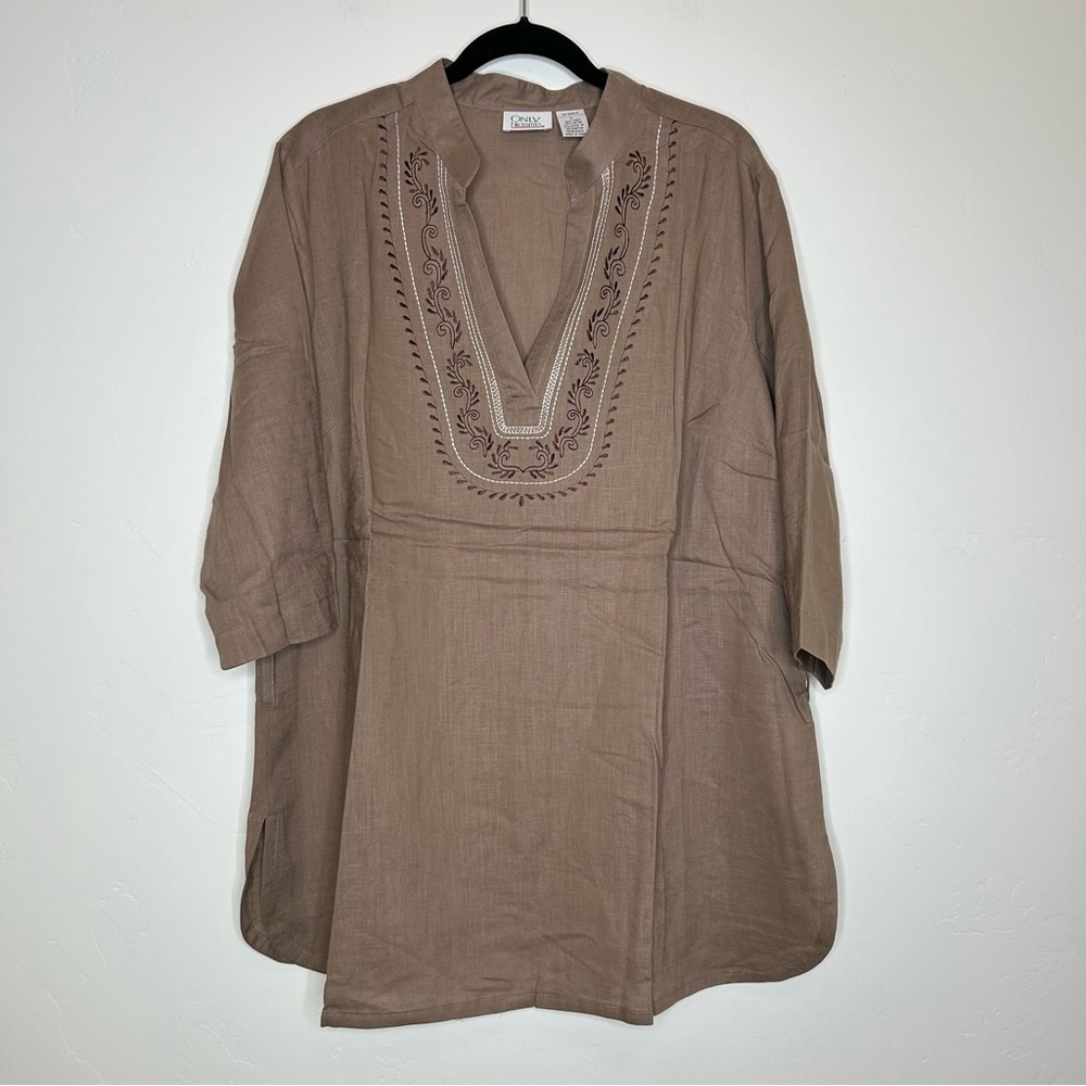 NWOT Only Necessities Taupe Brown Embroidered Tunic Top Linen Blend Size Large‎